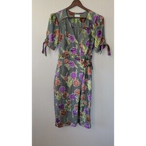 Saylor Burnout Velvet Wrap Dress Midi Floral Puff Sleeve Classic Colorful Small